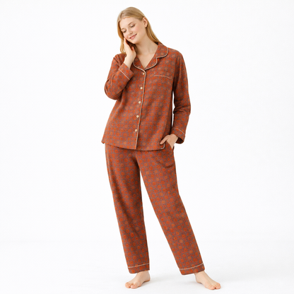 Jacquard Pysjamasett i Bomull (Garnfarget) – 2-delt Langermet Sett med Etnisk Mønster | Høst Loungewear