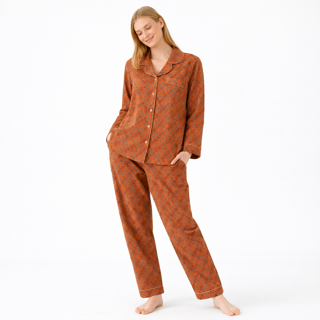 Jacquard Pysjamasett i Bomull (Garnfarget) – 2-delt Langermet Sett med Etnisk Mønster | Høst Loungewear