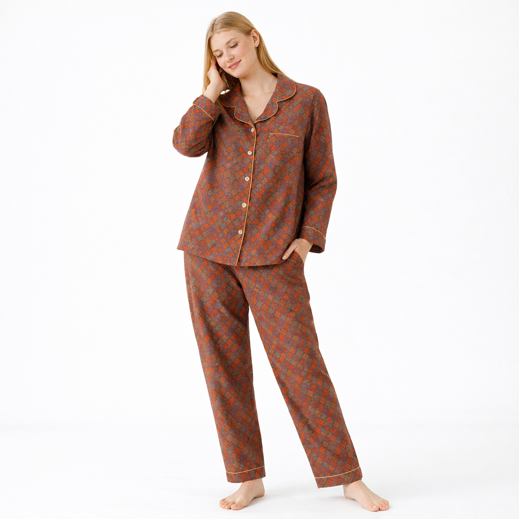Jacquard Pysjamasett i Bomull (Garnfarget) – 2-delt Langermet Sett med Etnisk Mønster | Høst Loungewear