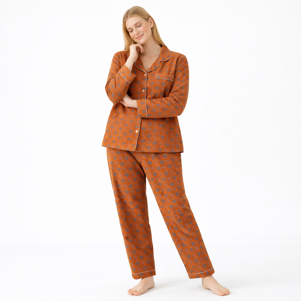 Jacquard Pysjamasett i Bomull (Garnfarget) – 2-delt Langermet Sett med Etnisk Mønster | Høst Loungewear