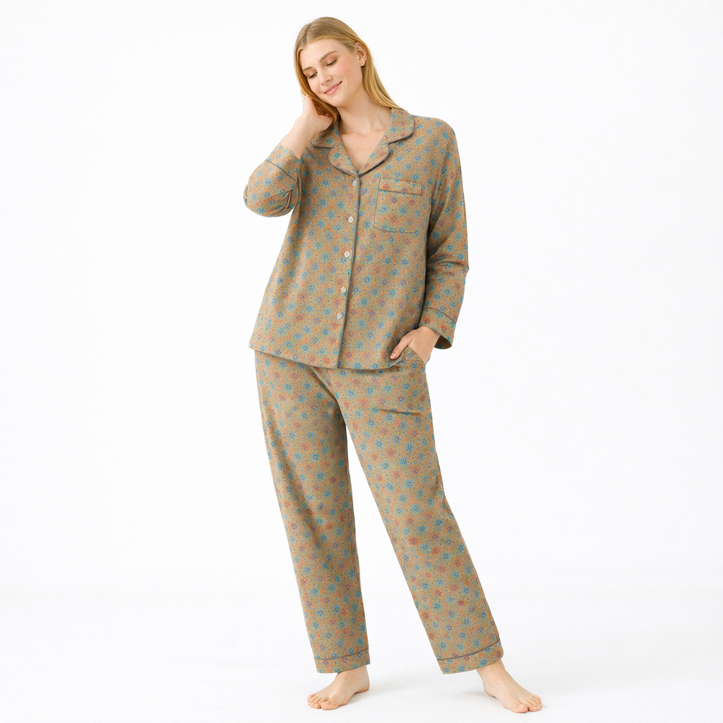 Jacquard Pysjamasett i Bomull (Garnfarget) – 2-delt Langermet Sett med Etnisk Mønster | Høst Loungewear