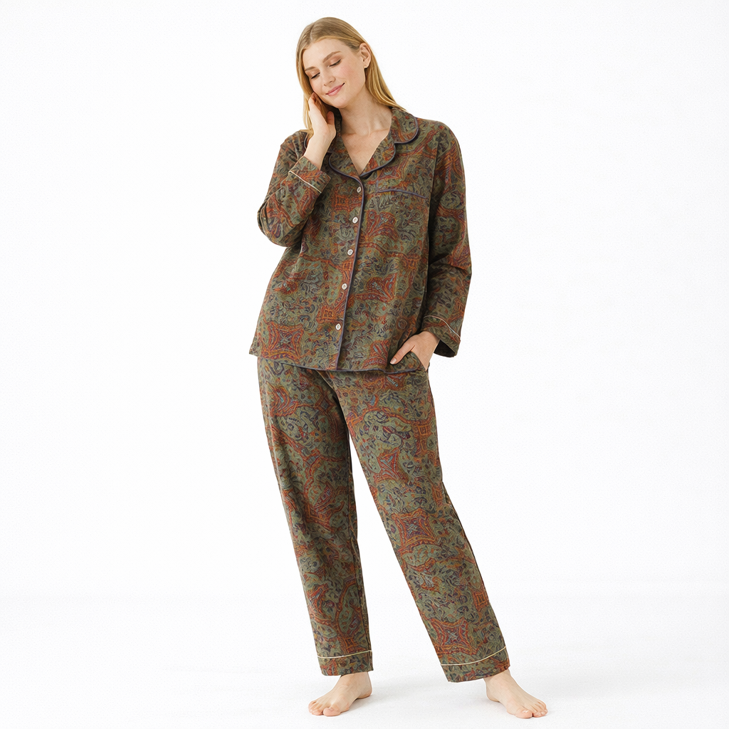 Jacquard Pysjamasett i Bomull (Garnfarget) – 2-delt Langermet Sett med Etnisk Mønster | Høst Loungewear