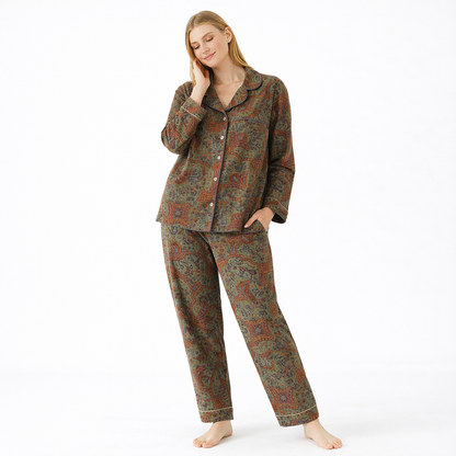 Jacquard Pysjamasett i Bomull (Garnfarget) – 2-delt Langermet Sett med Etnisk Mønster | Høst Loungewear