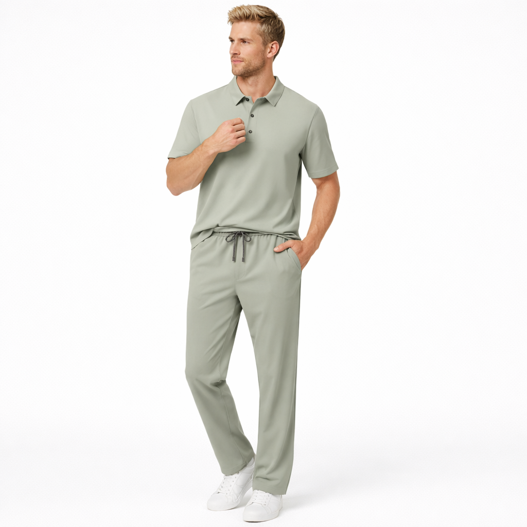 Sommerens Favoritt: Pustende Herresett i Is-silke – Polo &amp; Bukse i Todelt Joggedress