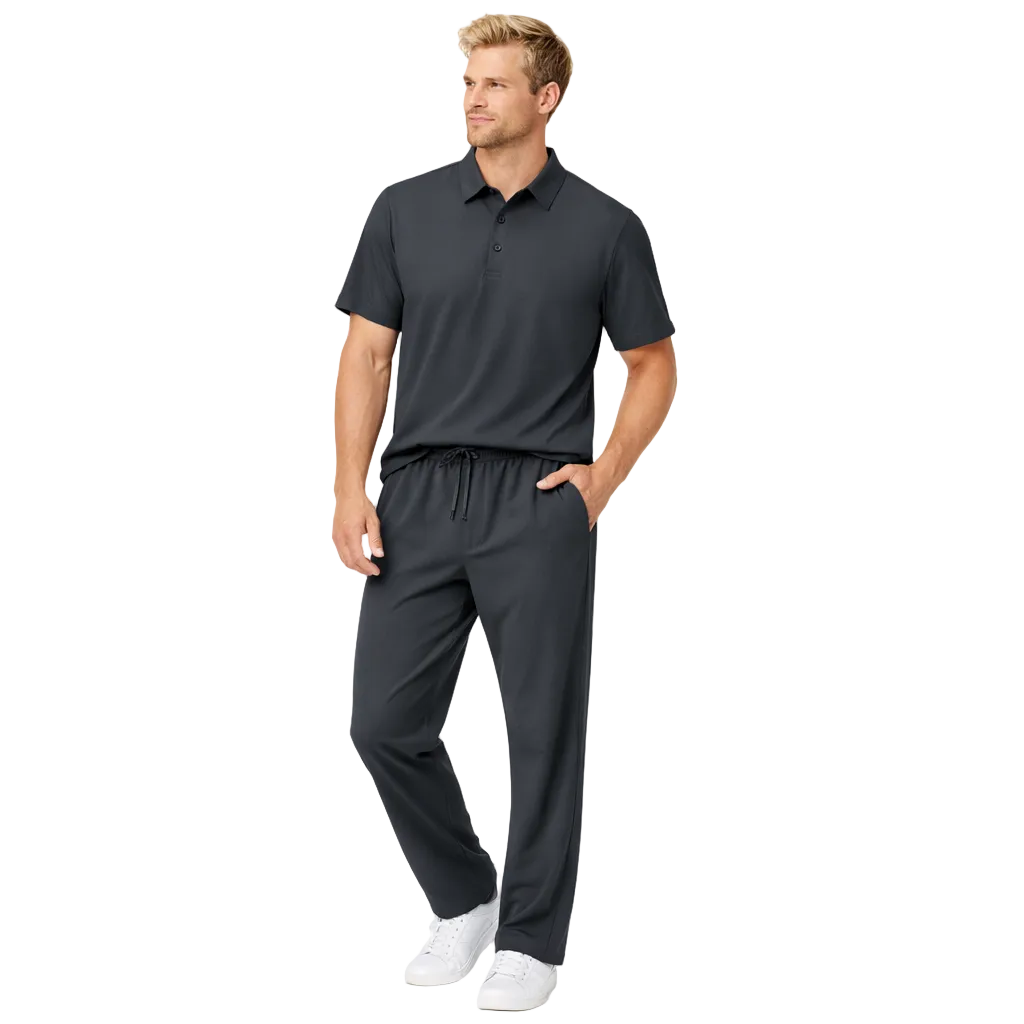 Sommerens Favoritt: Pustende Herresett i Is-silke – Polo &amp; Bukse i Todelt Joggedress – 7879 Marineblå