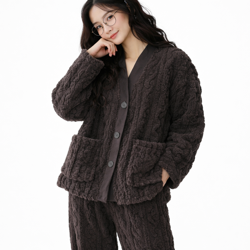 Varm Vinterpysj til Dame – 2-delt Sett i Tykk Flanell/Coral Fleece (Langermet) | Mykt Loungewear