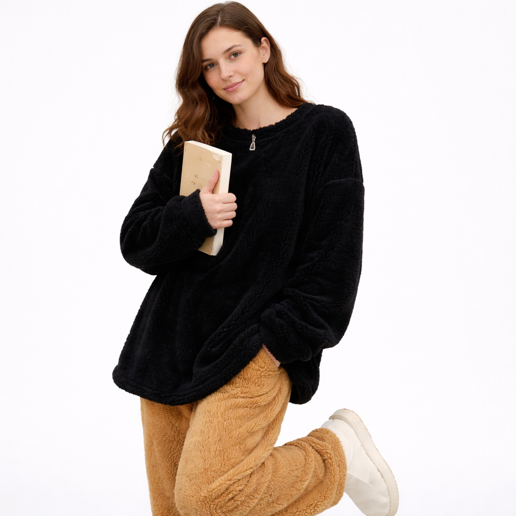 Fluffy Vinterpysj til Dame – 2-delt Fleece/Velour Sett (Ensfarvet) | Varm Flanell Loungewear