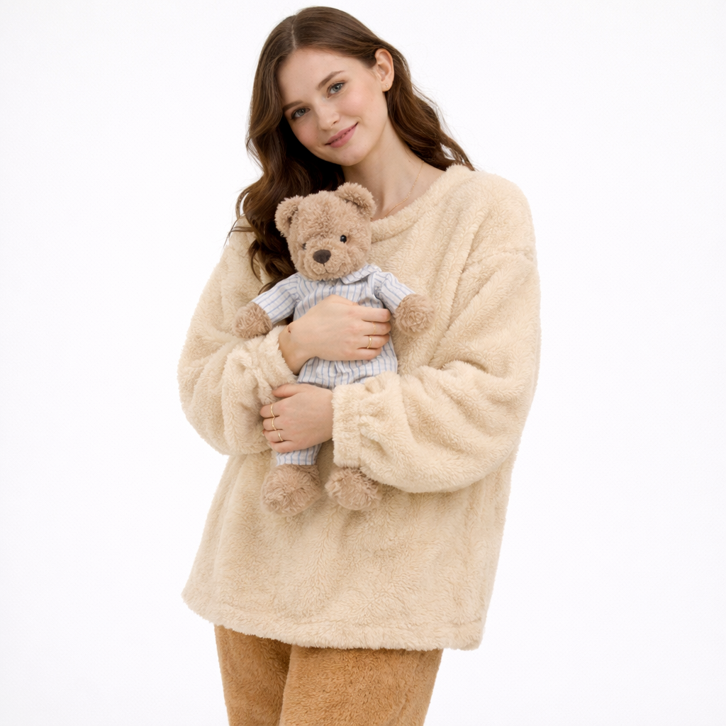 Fluffy Vinterpysj til Dame – 2-delt Fleece/Velour Sett (Ensfarvet) | Varm Flanell Loungewear