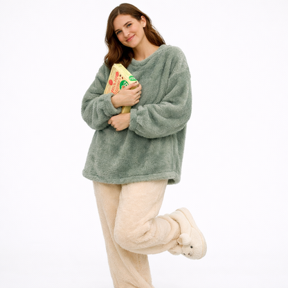 Fluffy Vinterpysj til Dame – 2-delt Fleece/Velour Sett (Ensfarvet) | Varm Flanell Loungewear