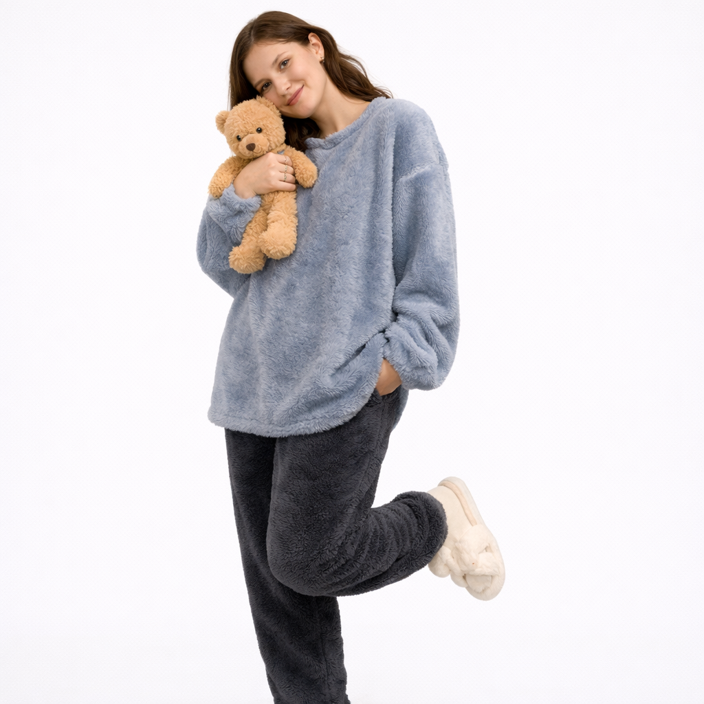 Fluffy Vinterpysj til Dame – 2-delt Fleece/Velour Sett (Ensfarvet) | Varm Flanell Loungewear