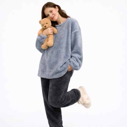 Fluffy Vinterpysj til Dame – 2-delt Fleece/Velour Sett (Ensfarvet) | Varm Flanell Loungewear