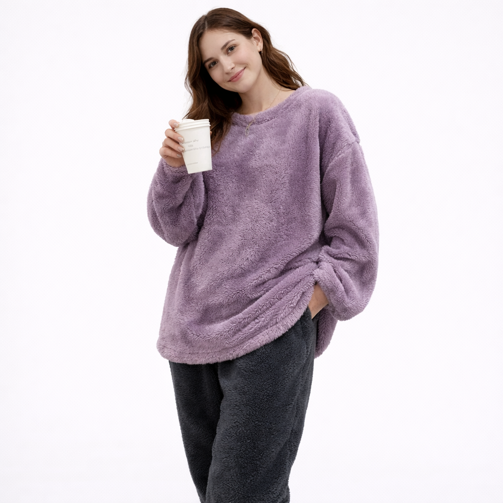 Fluffy Vinterpysj til Dame – 2-delt Fleece/Velour Sett (Ensfarvet) | Varm Flanell Loungewear