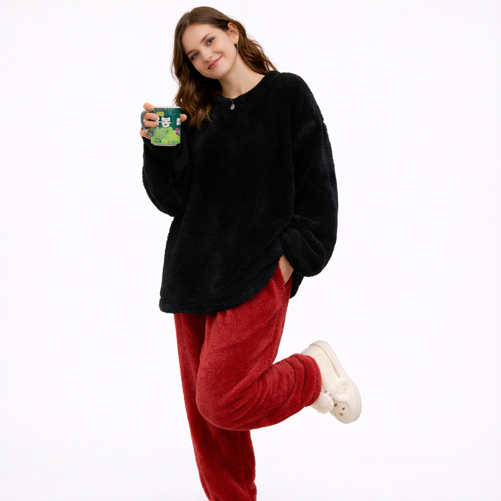 Fluffy Vinterpysj til Dame – 2-delt Fleece/Velour Sett (Ensfarvet) | Varm Flanell Loungewear