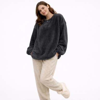 Fluffy Vinterpysj til Dame – 2-delt Fleece/Velour Sett (Ensfarvet) | Varm Flanell Loungewear