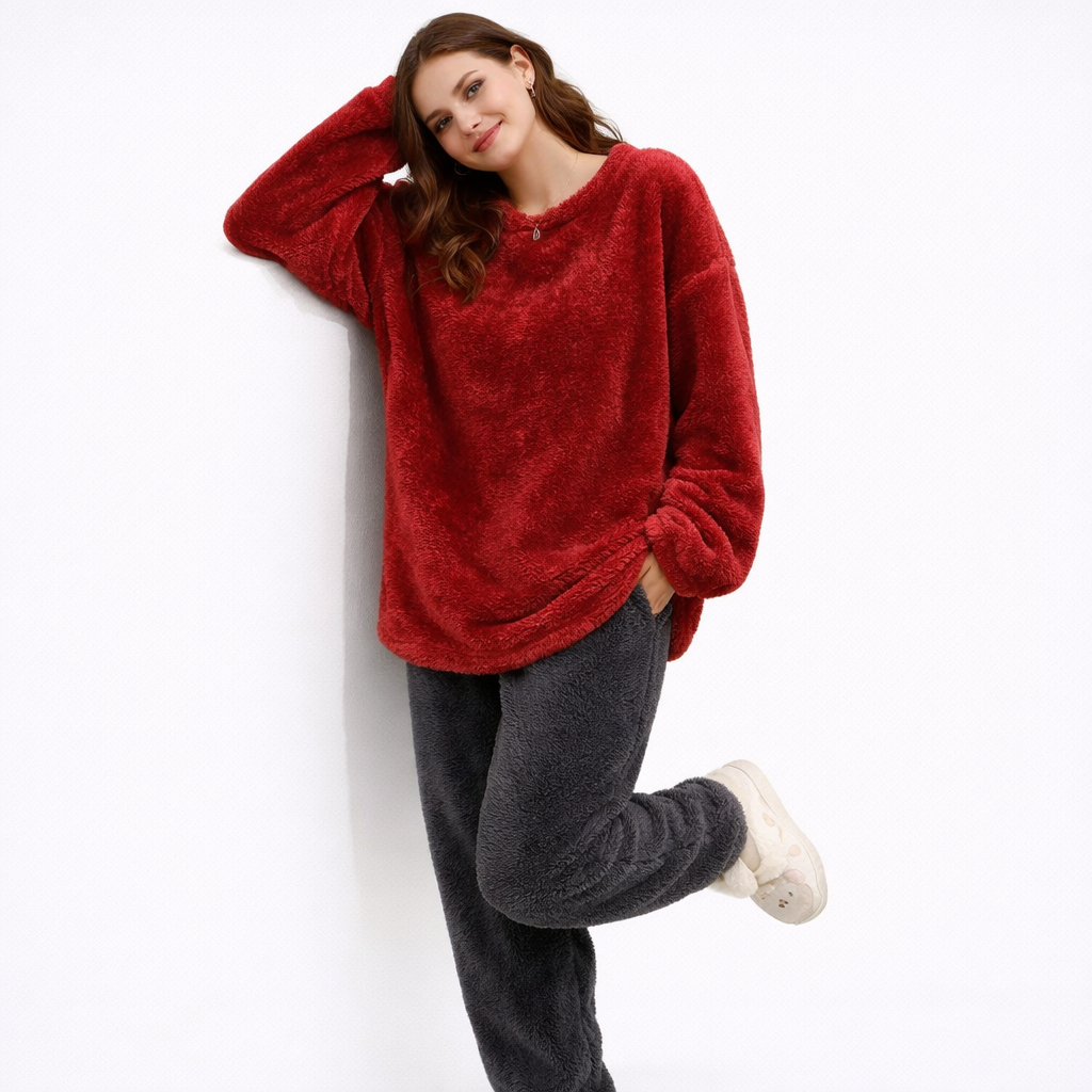 Fluffy Vinterpysj til Dame – 2-delt Fleece/Velour Sett (Ensfarvet) | Varm Flanell Loungewear