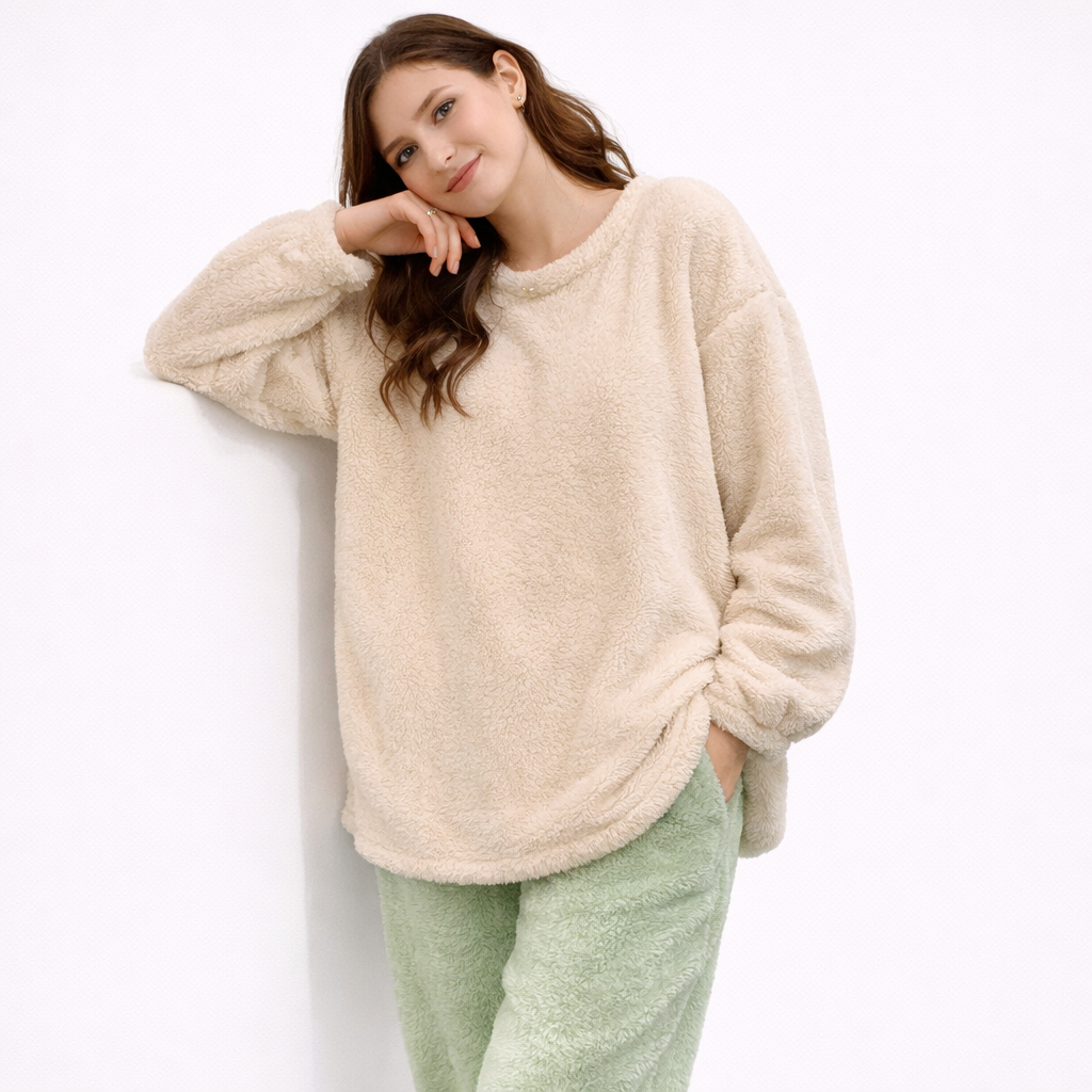 Fluffy Vinterpysj til Dame – 2-delt Fleece/Velour Sett (Ensfarvet) | Varm Flanell Loungewear