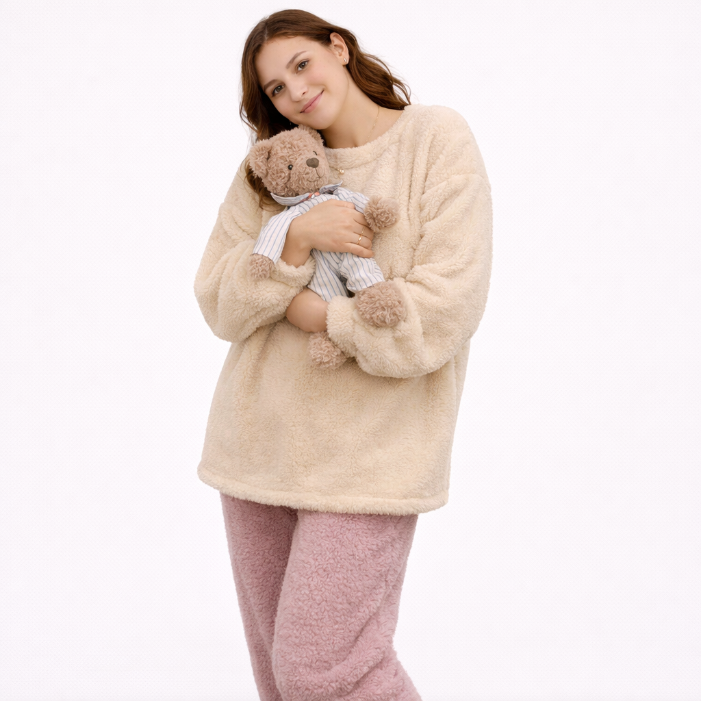 Fluffy Vinterpysj til Dame – 2-delt Fleece/Velour Sett (Ensfarvet) | Varm Flanell Loungewear