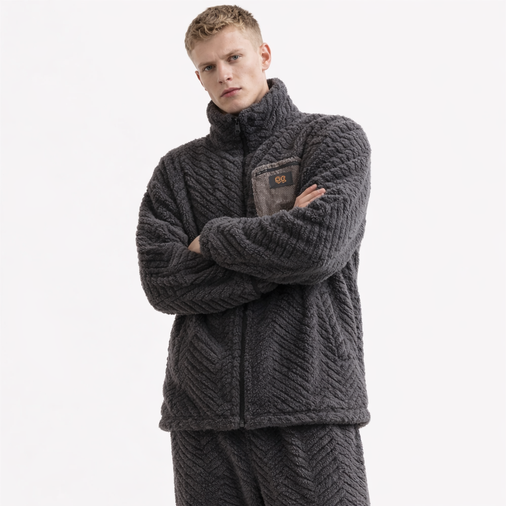 Varm Vinterpysj til Herre i Coral Fleece – 2-delt Sett med Glidelås, Langermet &amp; Løs Passform | Svart Hjemmesett