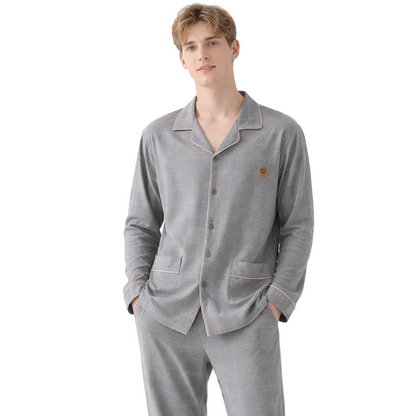 Herrepysjamas i Bomull – Grå Rutete 2-delt Sett med Krage (Turn-down Collar), Langermet | Loungewear (3XL) – KY-3891