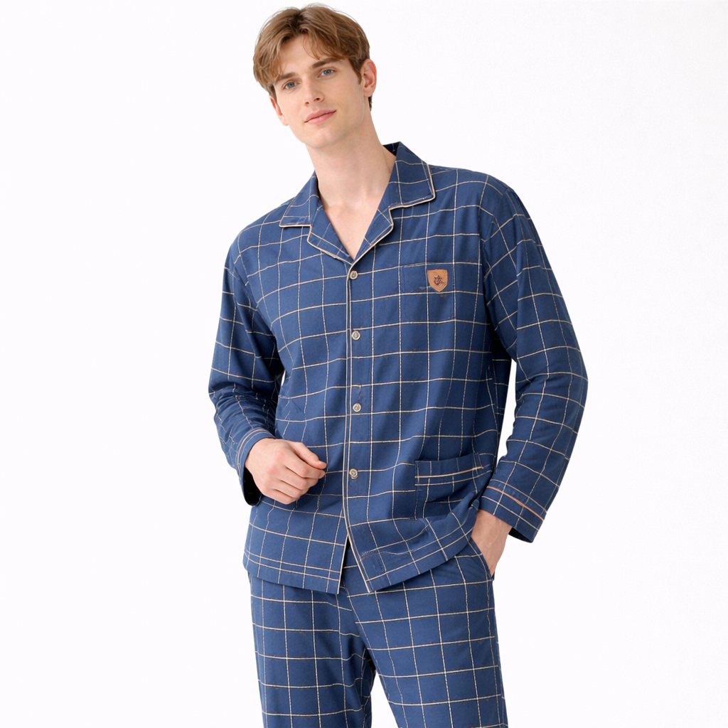 Herrepysjamas i Bomull – Grå Rutete 2-delt Sett med Krage (Turn-down Collar), Langermet | Loungewear (3XL)