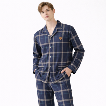 Herrepysjamas i Bomull – Grå Rutete 2-delt Sett med Krage (Turn-down Collar), Langermet | Loungewear (3XL)