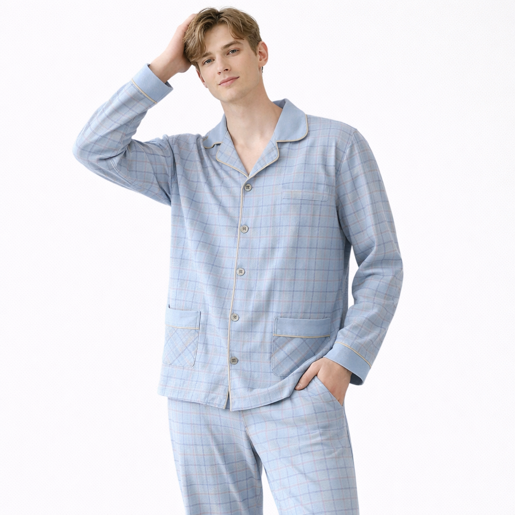Herrepysjamas i Bomull – Grå Rutete 2-delt Sett med Krage (Turn-down Collar), Langermet | Loungewear (3XL)