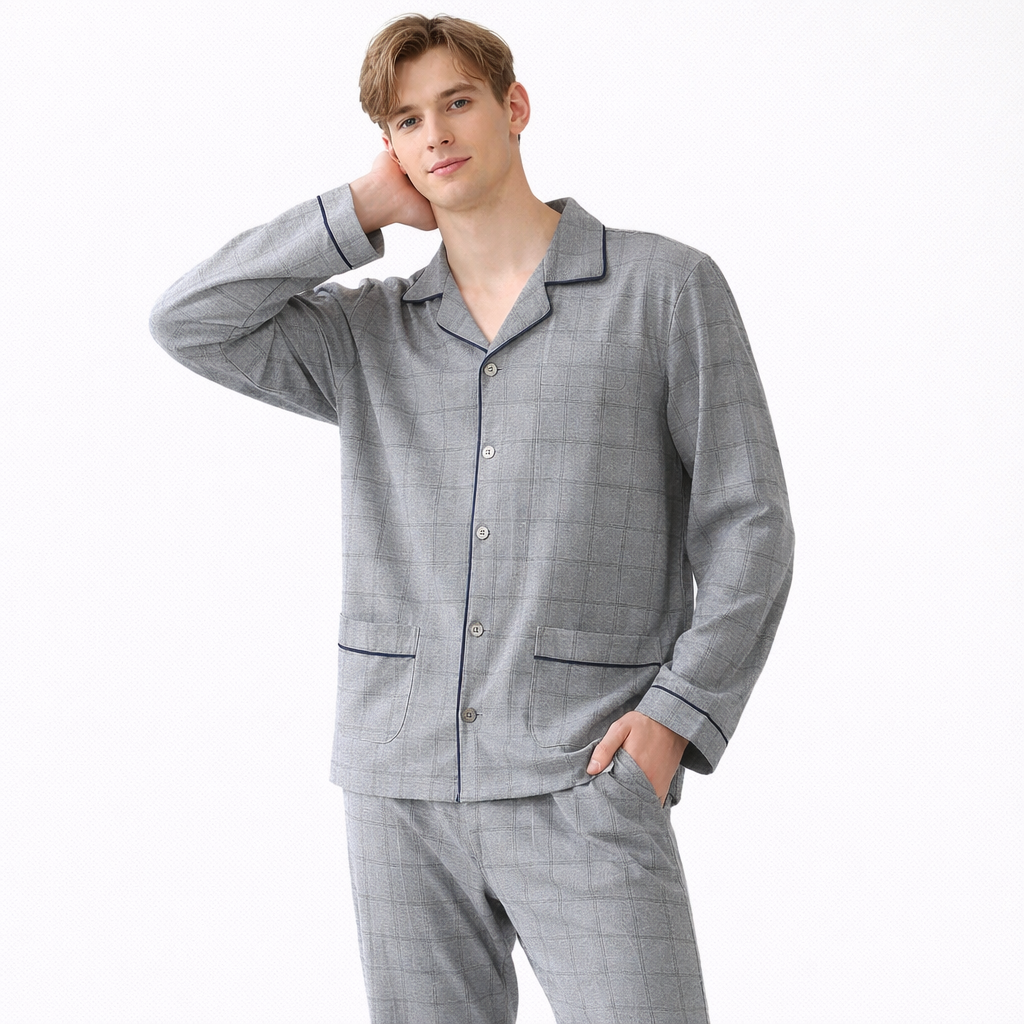 Herrepysjamas i Bomull – Grå Rutete 2-delt Sett med Krage (Turn-down Collar), Langermet | Loungewear (3XL)