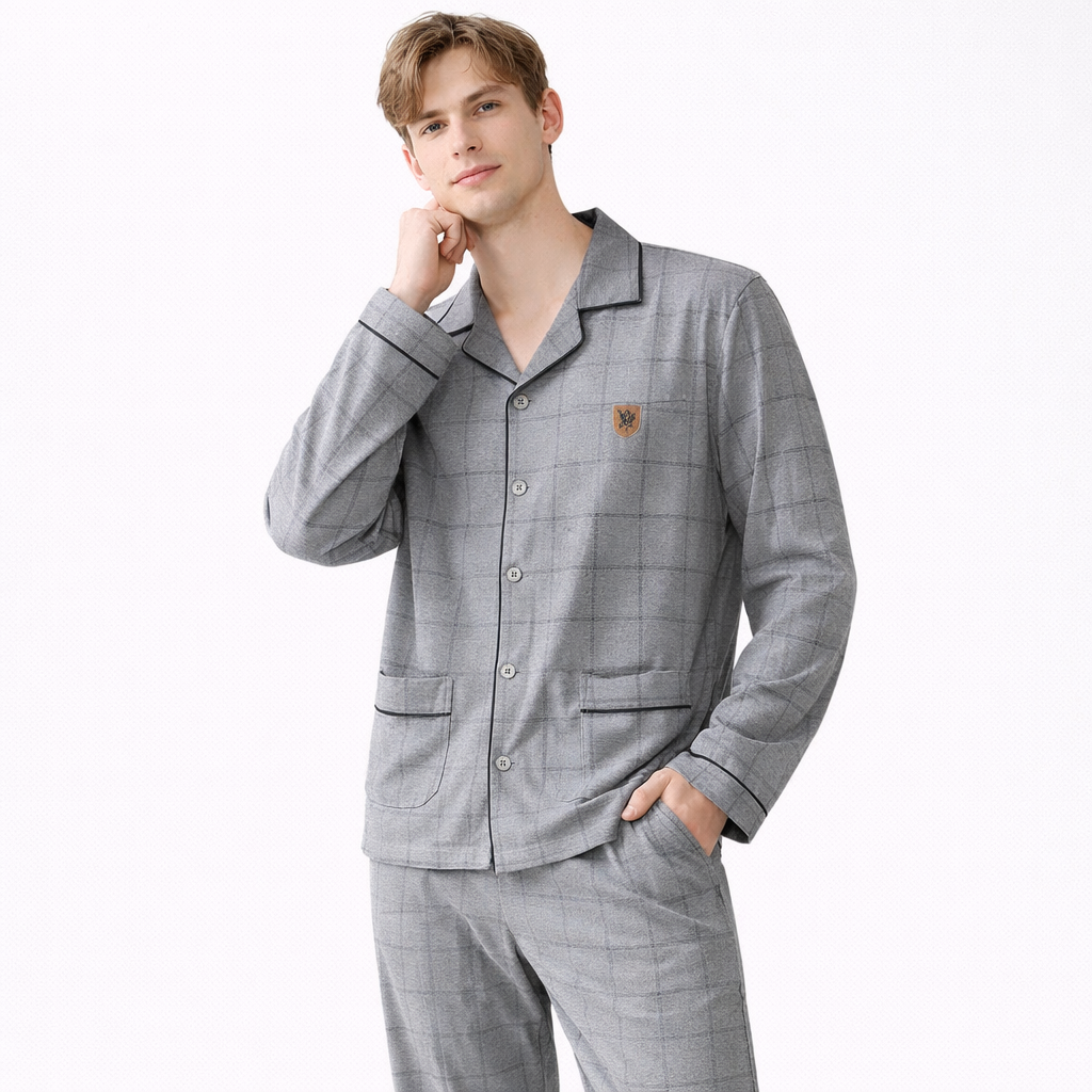 Herrepysjamas i Bomull – Grå Rutete 2-delt Sett med Krage (Turn-down Collar), Langermet | Loungewear (3XL)
