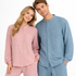 Unisex Pysjamasett i Bomull (Yarn Crepe) – 2-delt Sett med Langermet Rundhalset Topp + Bukse | Ensfarget Hjemmesett – Dame rosa