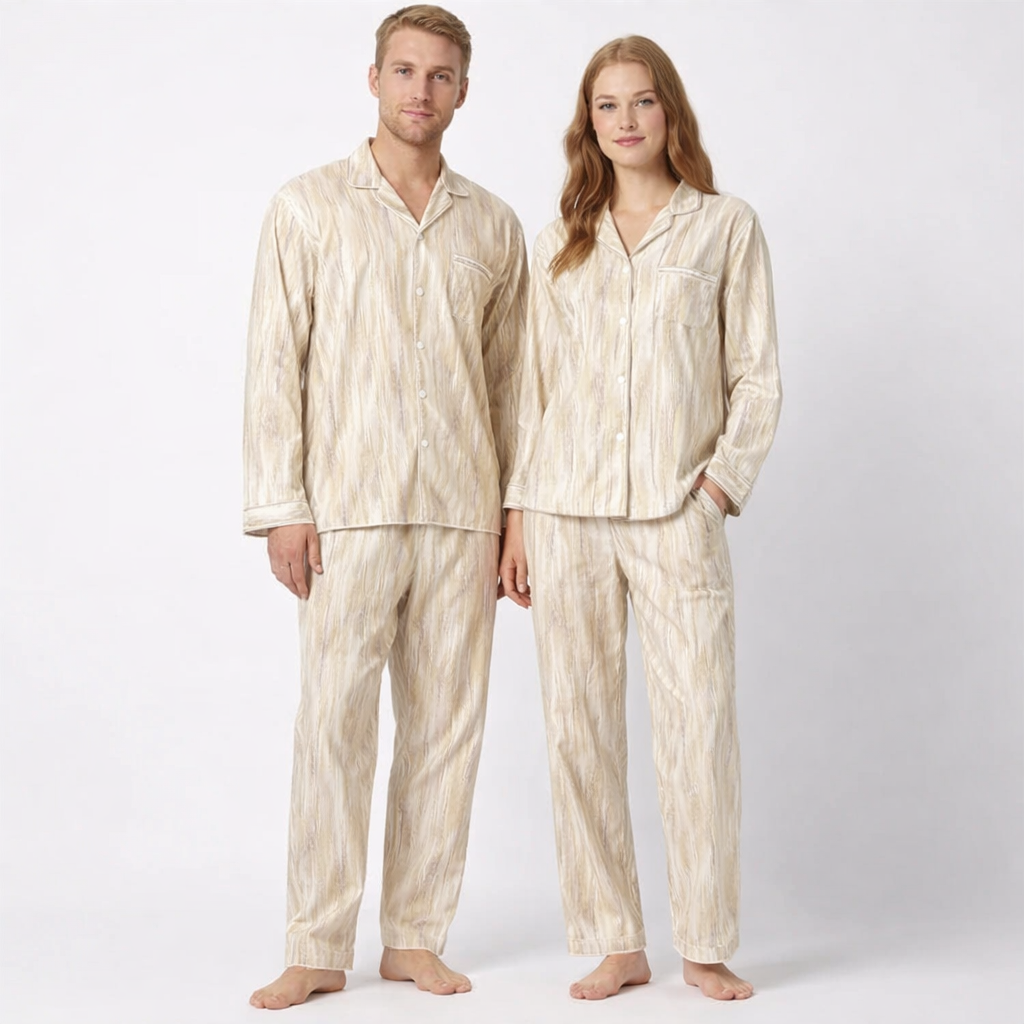 Japansk-Inspirert Par-Pysjamas i Myk Bomull – Unisex 2-delt Sett (Løs Passform) | Vår Hjemmesett