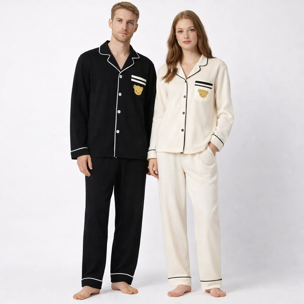 Japansk-Inspirert Par-Pysjamas i Myk Bomull – Unisex 2-delt Sett (Løs Passform) | Vår Hjemmesett