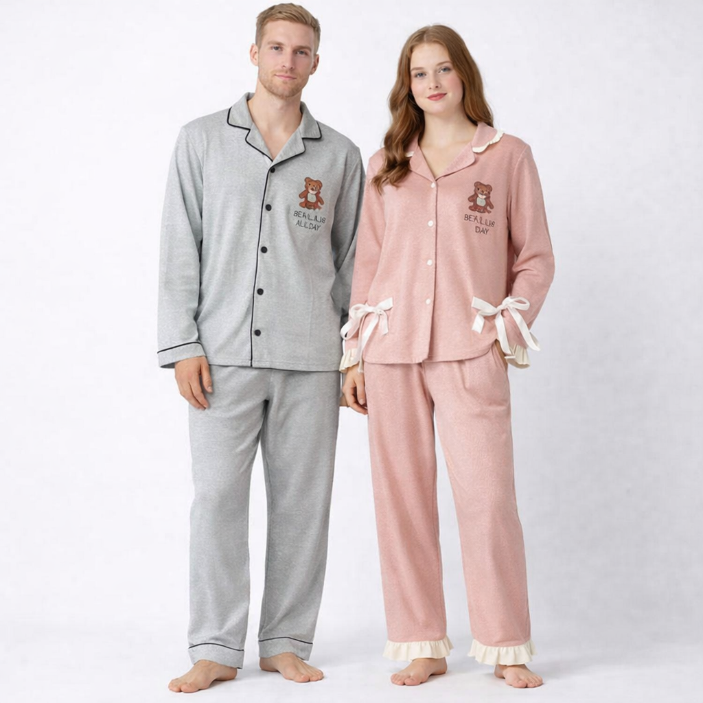 Japansk-Inspirert Par-Pysjamas i Myk Bomull – Unisex 2-delt Sett (Løs Passform) | Vår Hjemmesett