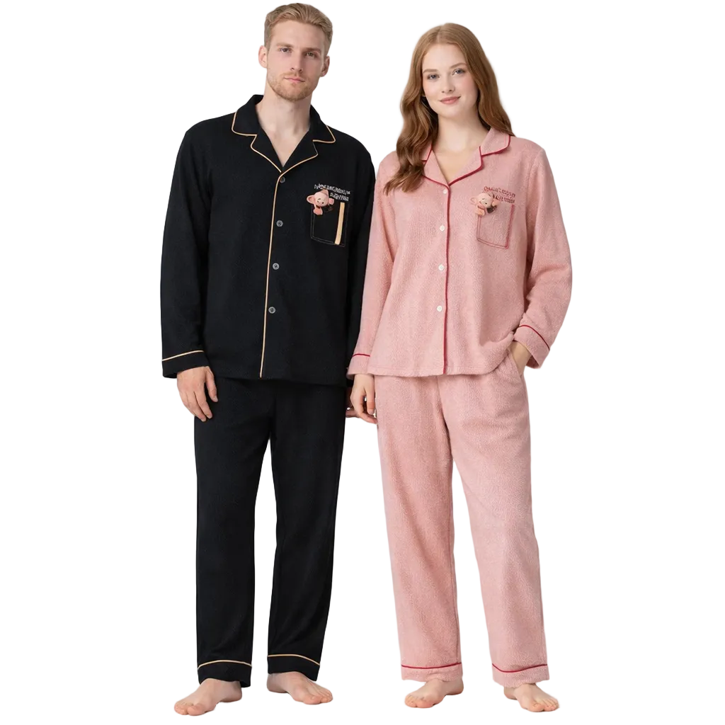 Japansk-Inspirert Par-Pysjamas i Myk Bomull – Unisex 2-delt Sett (Løs Passform) | Vår Hjemmesett – W6208