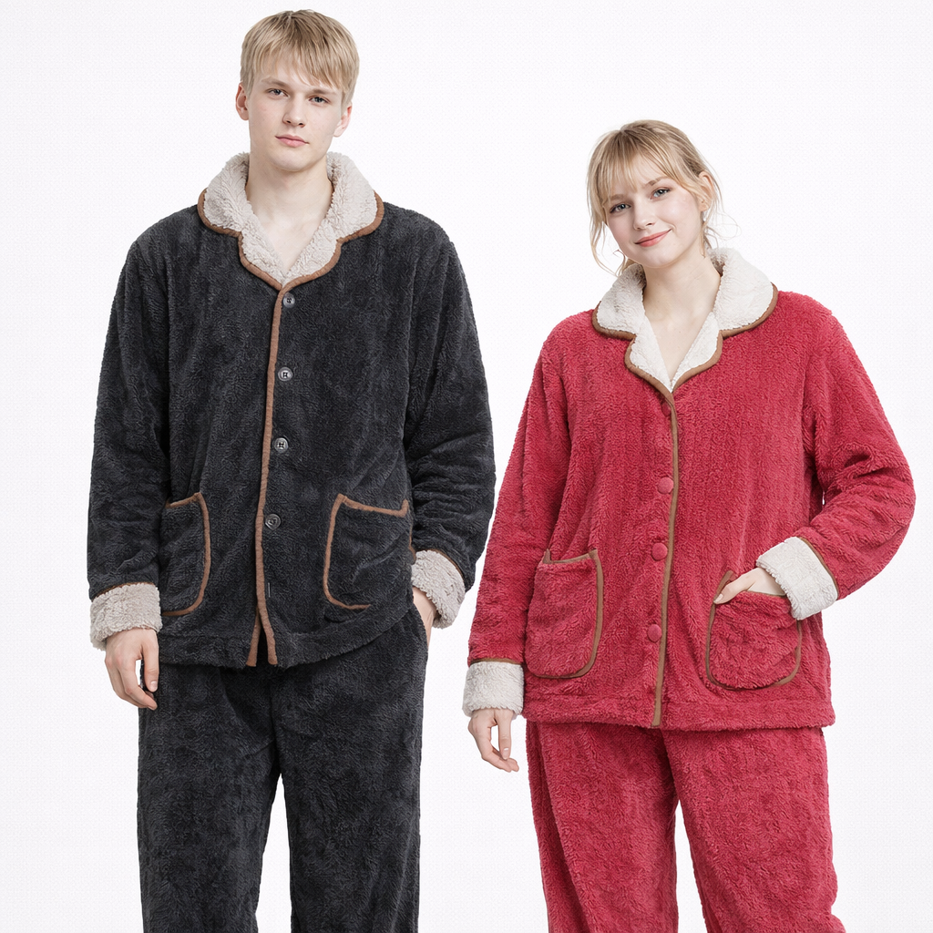 Matchende Par-Pysjamas i Varm Flanell – 2-delt Vintersett til Dame &amp; Herre | Tykk Nattøy/Loungewear