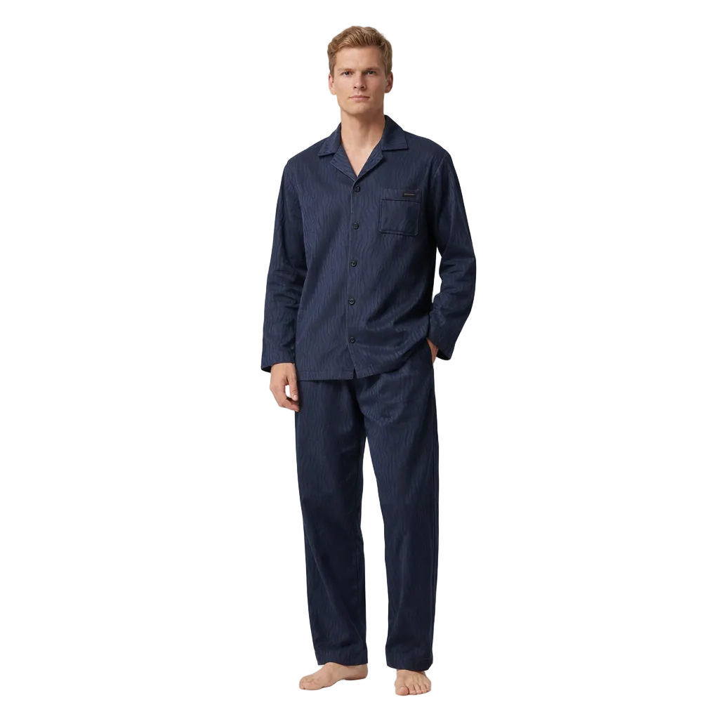 Varm Herrepysjamas i Island Fleece – 2-delt Sett (Langermet Topp + Lang Bukse) | Tykk Flanell Vinter/Høst – LX-72755 Nattblå
