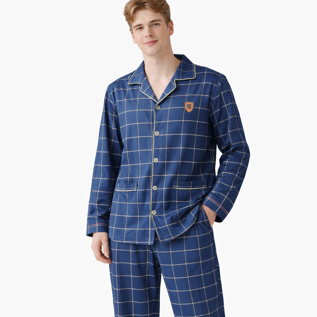 Herrepysjamas i Bomull – Rutete/Stripete 2-delt Sett med Krage (Turn-down Collar), Langermet | Høst/Vinter (3XL)