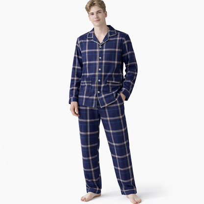 Herrepysjamas i Bomull – Rutete/Stripete 2-delt Sett med Krage (Turn-down Collar), Langermet | Høst/Vinter (3XL)