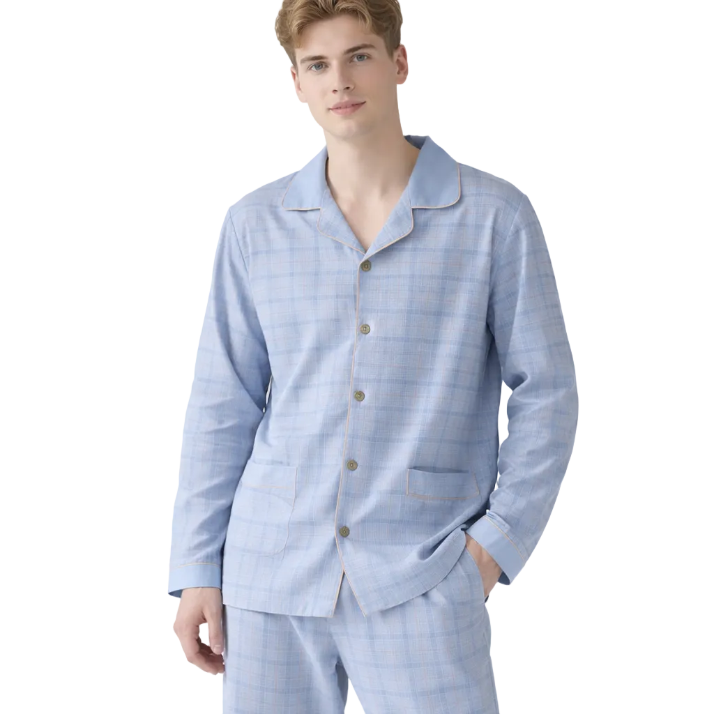 Herrepysjamas i Bomull – Rutete/Stripete 2-delt Sett med Krage (Turn-down Collar), Langermet | Høst/Vinter (3XL) – KY-3880