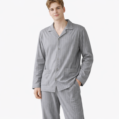Herrepysjamas i Bomull – Rutete/Stripete 2-delt Sett med Krage (Turn-down Collar), Langermet | Høst/Vinter (3XL)