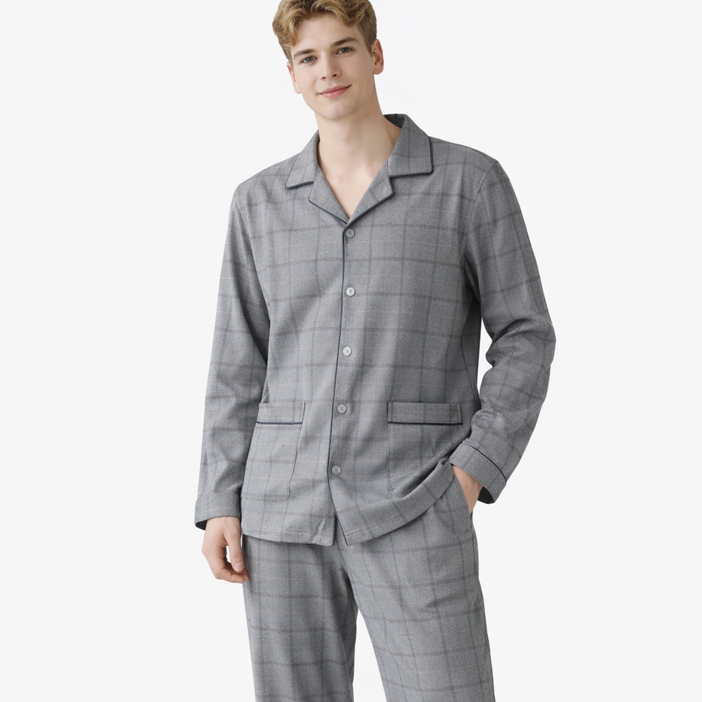 Herrepysjamas i Bomull – Rutete/Stripete 2-delt Sett med Krage (Turn-down Collar), Langermet | Høst/Vinter (3XL)