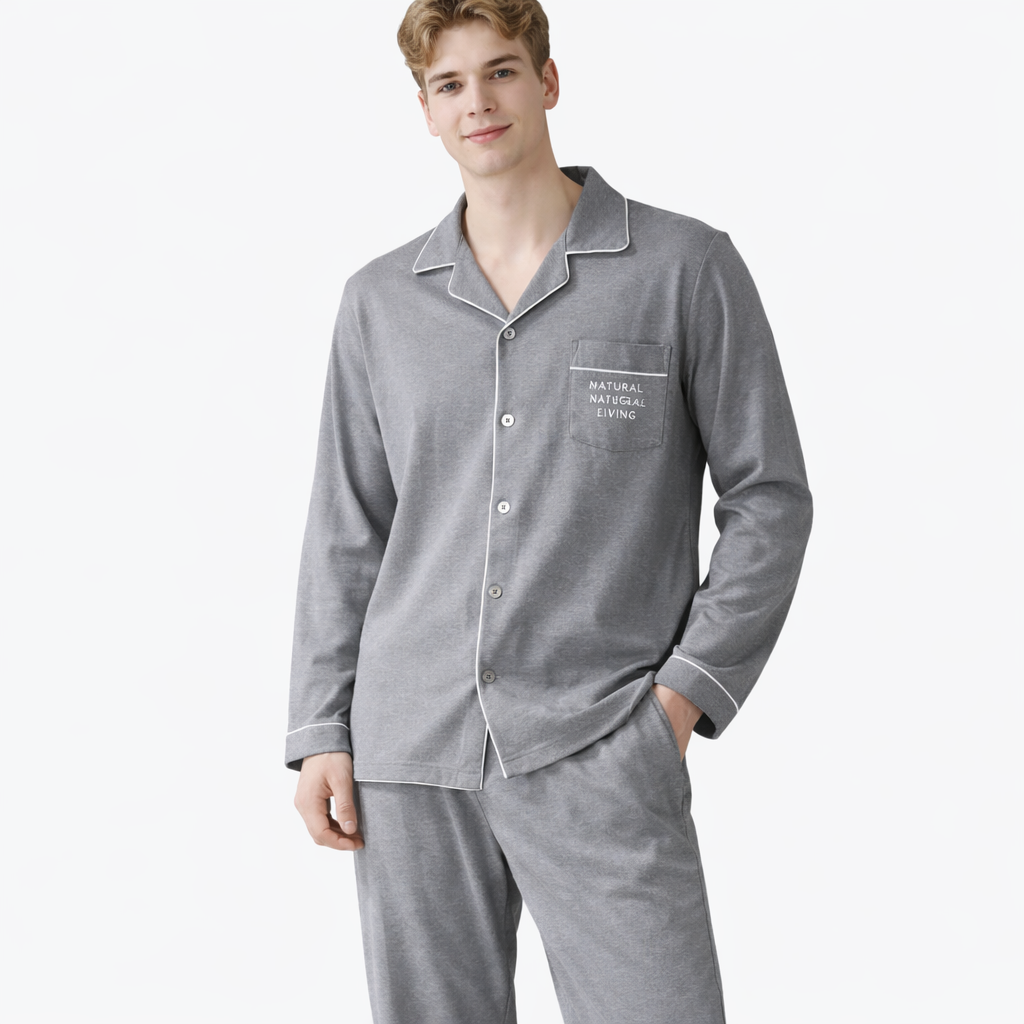 Herrepysjamas i Bomull – Rutete/Stripete 2-delt Sett med Krage (Turn-down Collar), Langermet | Høst/Vinter (3XL)