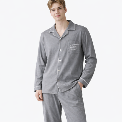 Herrepysjamas i Bomull – Rutete/Stripete 2-delt Sett med Krage (Turn-down Collar), Langermet | Høst/Vinter (3XL)