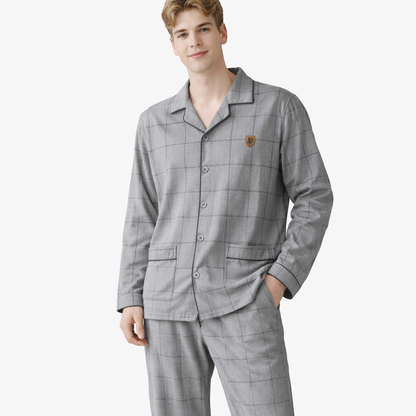 Herrepysjamas i Bomull – Rutete/Stripete 2-delt Sett med Krage (Turn-down Collar), Langermet | Høst/Vinter (3XL)