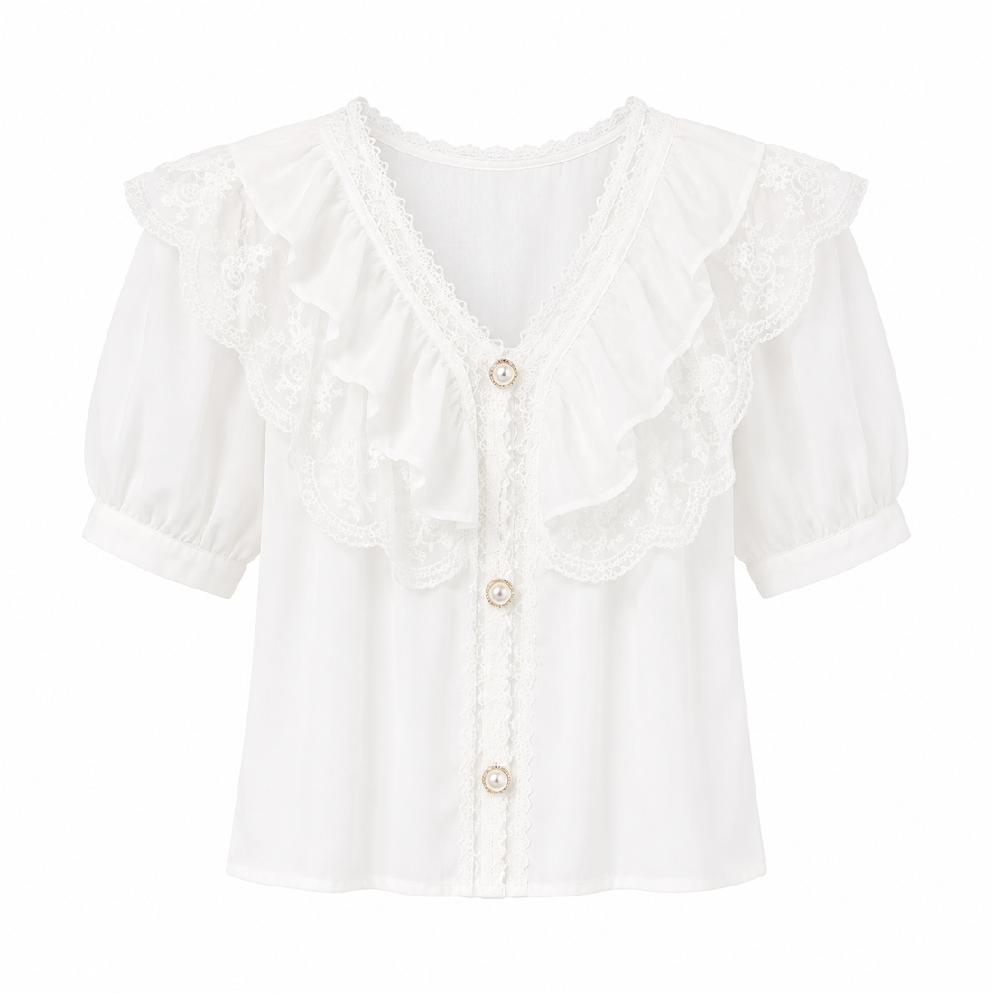 Chiffongbluse til Dame – Elegant Blondetopp med Puffermer