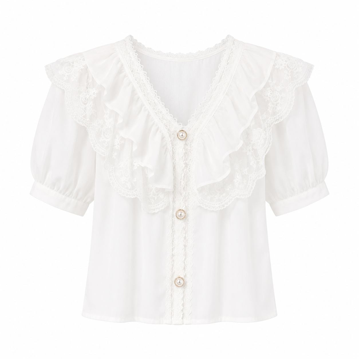Chiffongbluse til Dame – Elegant Blondetopp med Puffermer