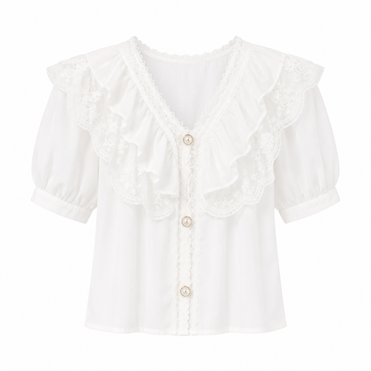 Chiffongbluse til Dame – Elegant Blondetopp med Puffermer