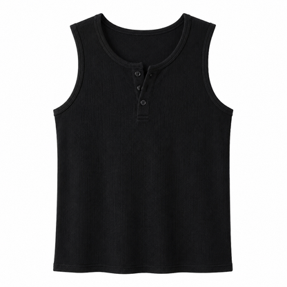 Ribbestrikket Henley Tank Topp til Herre – Ermeløs Topp med Knapper