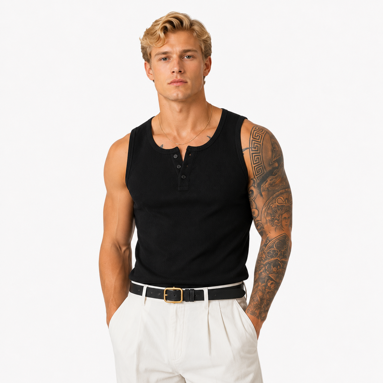Ribbestrikket Henley Tank Topp til Herre – Ermeløs Topp med Knapper