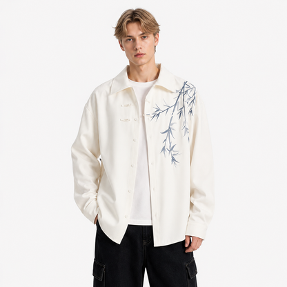 Brodert Skjorte til Herre – Oversized Kortermet Skjorte med Blomstermotiv – Hvit