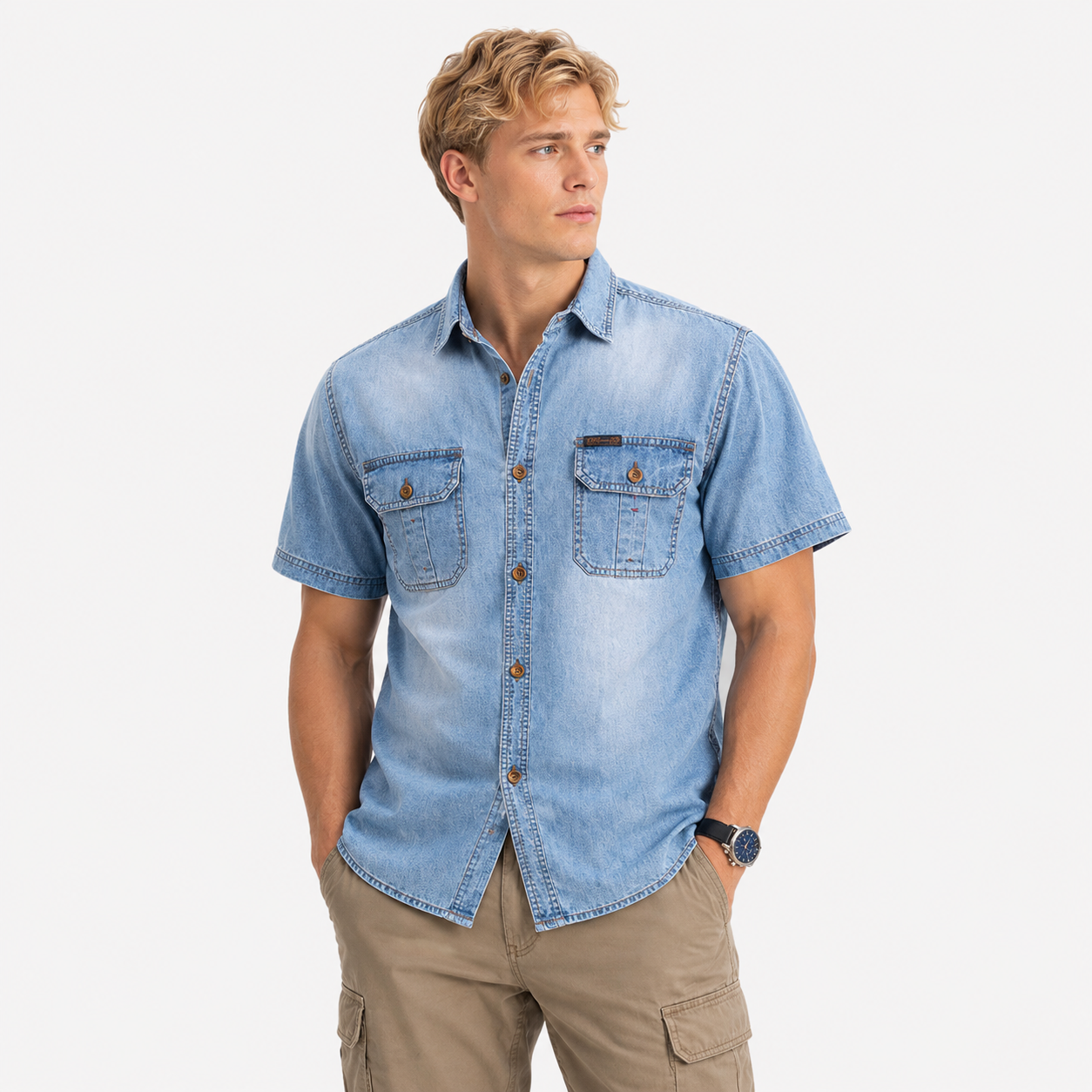 Denimskjorte til Herre – Kortermet Skjorte med Klassisk Krage